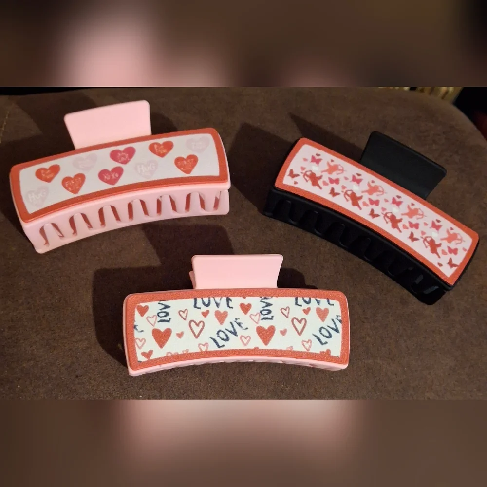Pink set Hair Clips 💗 hearts large size thick hair love cupid Gift Teen Women